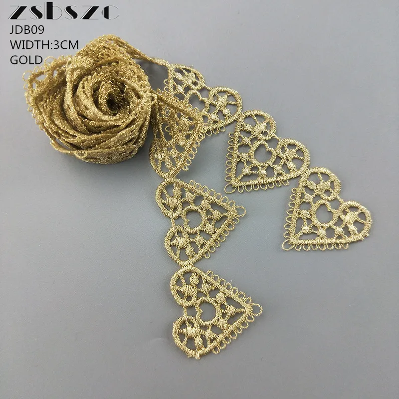 

3CM Width 10Yards Hot Sale Gold/BLACK/WHITE Heart Shape Lace Trim Embroidery Glitter Dress DIY Lace Necklace Accessories