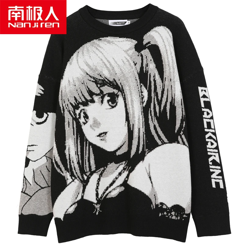 NANJIREN Mens Hip Hop Harajuku Sweater Vintage Retro Japanese Style Anime Girl Knitted Sweater 2021 Spring Cotton Pullover