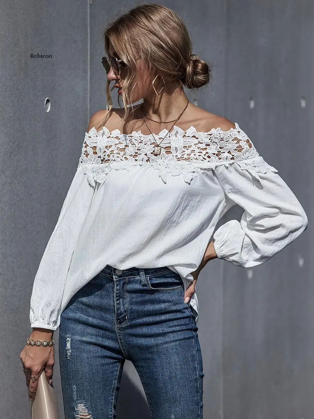 

Белое Кружевное лоскутное платье с открытыми плечами Блуза Топ для женщин осень Slash шеи с длинным рукавом Повседневные женские топы и блузк...