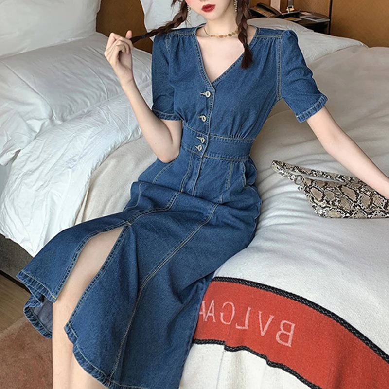 

Vintage Solid V-neck Sexy Denim Dress Women One Piece Slim Buttons Long Split Elegant Chic Short Sleeve French Summer Dress