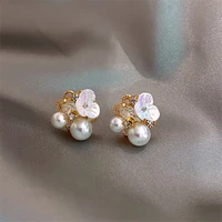 2021 korean new sweet temperament contracted rhinestone flowers pearl earrings for women charm flowers earring jewelry gifts