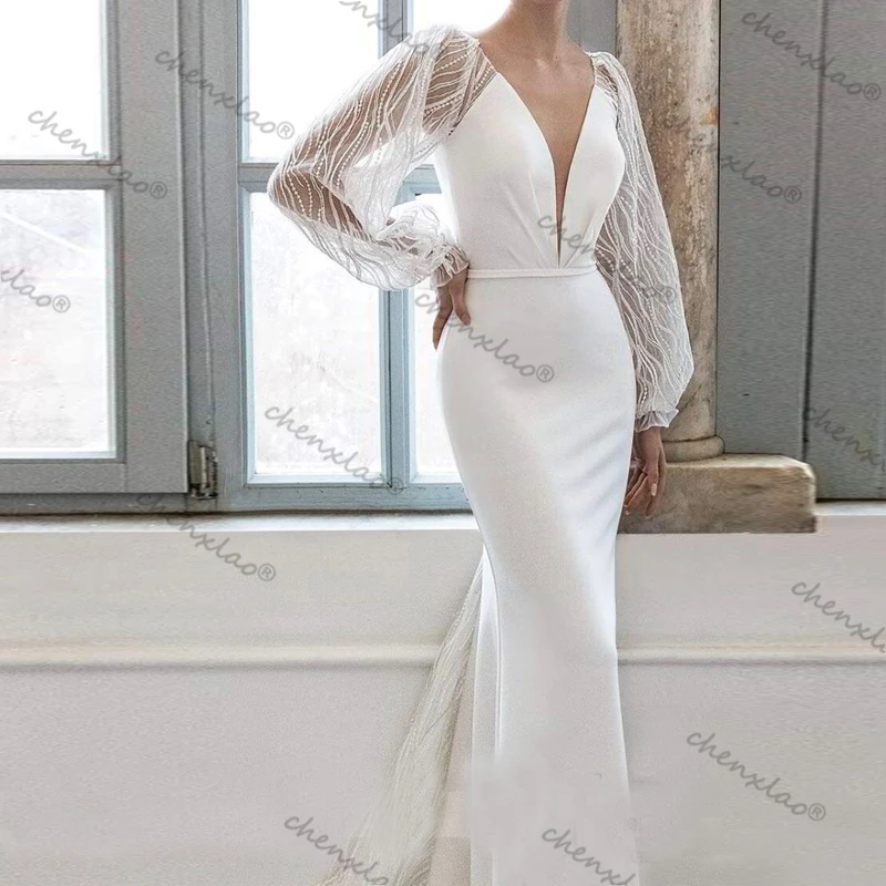 Elegant Beach Wedding Dresses Mermaid Deep V Neck Appliques With Belt Illusion Full Sleeve Vestidos De Novia Bride Gowns | Свадьбы и