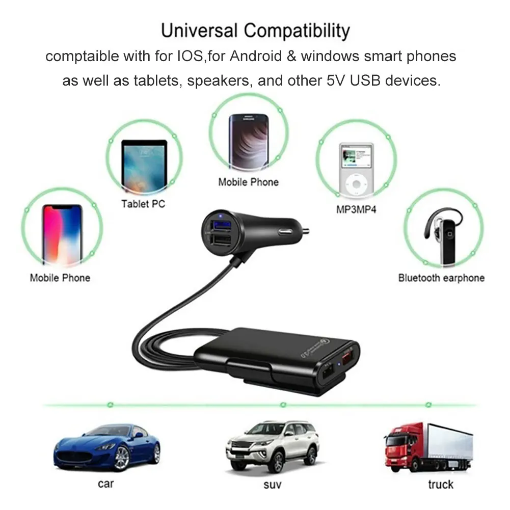 Автомобильное зарядное устройство QC3.0 с 4 USB-портами адаптер питания удлинителем