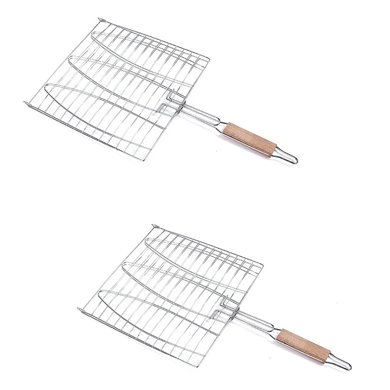 

BBQ Fish Grill Net Barbecue Grilling Fish Rack Non-Stick Triple Fish Grilling Basket Wood Handle Barbecue Tool