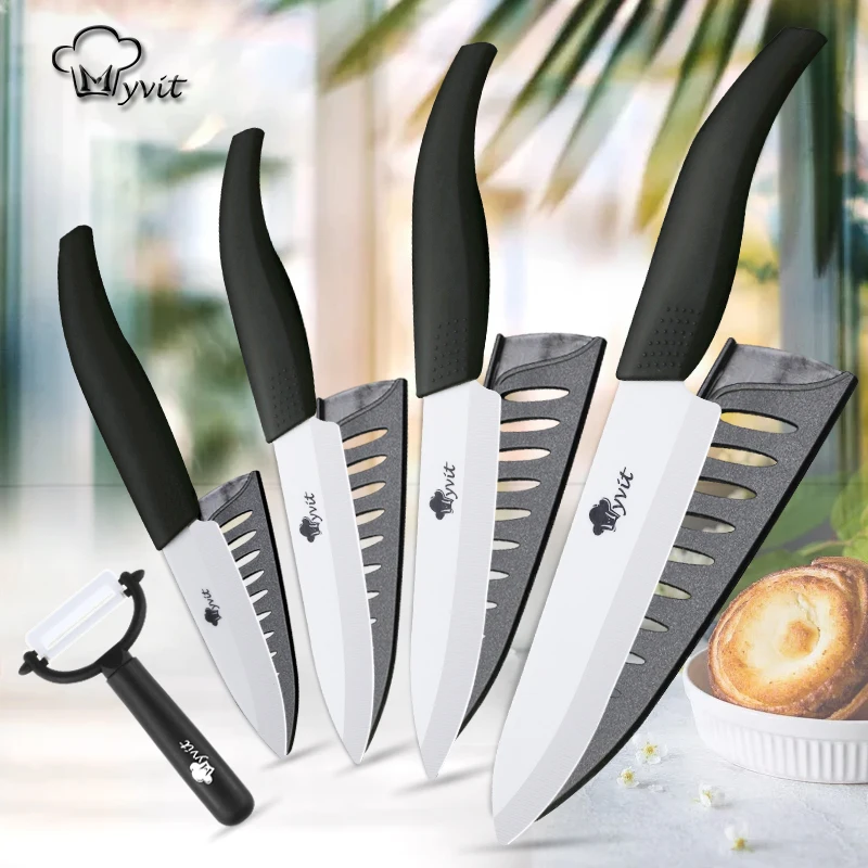 

Ceramic Knife 3 4 5 inch + 6 inch Kitchen Knives Serrated Bread Set +Peeler Zirconia Black Blade Fruit Chef Knife Vege Cook Tool