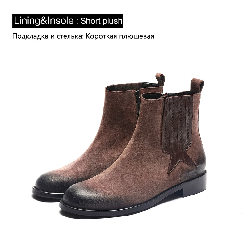 Brown short plush Donna-in/Зимние ботильоны из натуральной коровьей замши женская зимняя обувь на низком каблуке с круглым носком на молнии в стиле ретро г. Новые модные ботинки - Цвет: Brown short plush