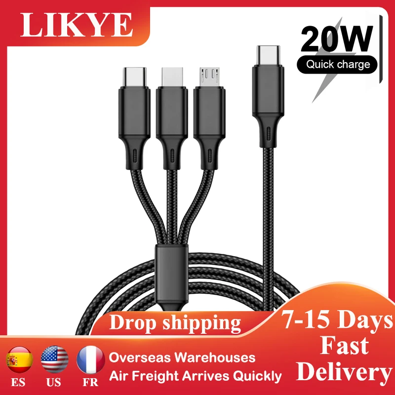 

3 In 1 USB C Cable for iPhone 13 12 11 Pro Max Flexible PD 20W Fast Charger Cable 3in1 Micro USB Type C IOS Phone Charging Cord
