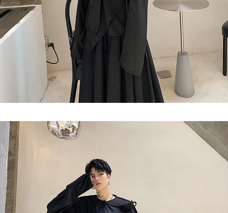Men Fold Irregular Ribbon Splice Long Sleeve Casual Black Shirt Male Japan Style Streetwear Punk Gothic Shirts Stage Clothing