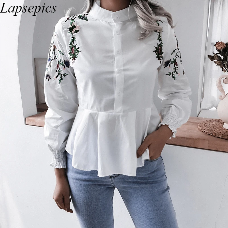 

Ladies Chic Tunic Tops Floral Embroidery Long Sleeve Ruffles Hem Shirts Women Elegant Single Breasted Work Flounce Blouse