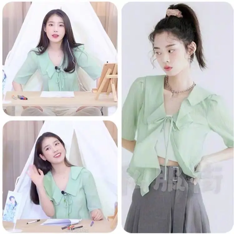 

kpop IU Lee Ji Eun summer wild sexy Short Sleeve blouses women korean Ruffle Fresh sweet V-neck Chiffon Shirt Lace Cardigan Tops