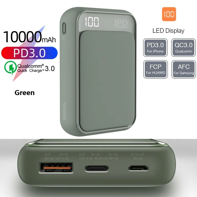 P65 Green Рок Led mi ni Мощность Bank 10000 mAh Портативный внешний Батарея тонкий повербанк для iPhone X 8 7 6 samsung S8 S9 Xiaomi mi Мощность банк - Цвет: P65 Green