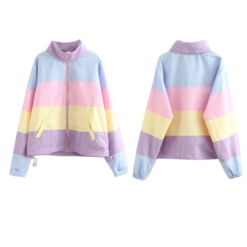 

Women Winter Padded Puffer Thick Warm Jacket Rainbow Stripes Hooded Long Sleeve Coat Harajuku Drawstring Loose Full Zip Outerwea