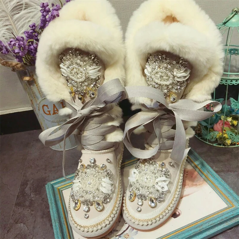 

Luxury custom crystal gem beaded high-top snow boots lace up natural fur pearl heavy industry large size snow boots35-44