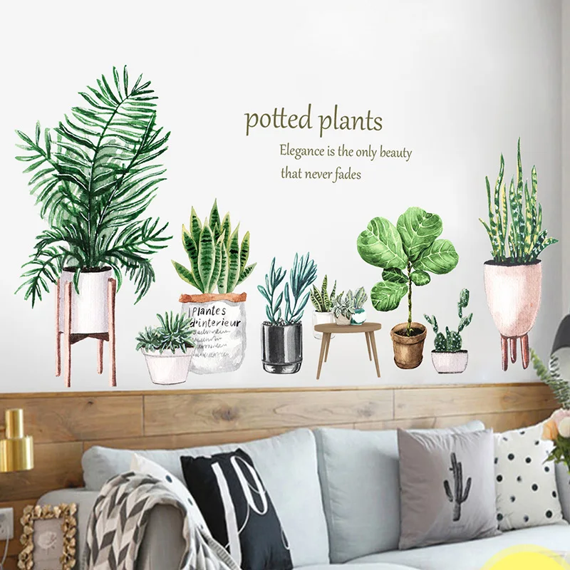 

Potted leaf cactus plant wall sticker Baseboard wallpaper kitchen living room decoration home cupboard mural Removable stickers