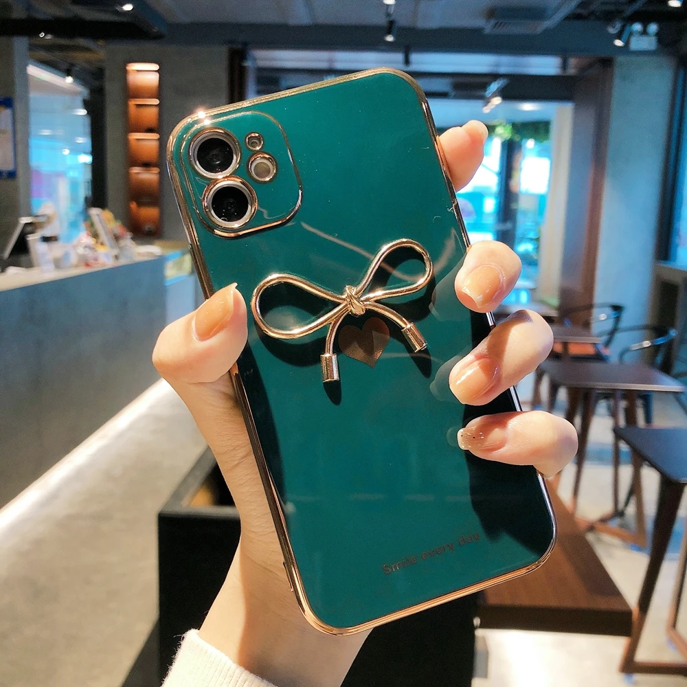 

For iPhone 12 Pro Max Luxury Case 3D Bow Heart Plating Lens Protection Cover for iPhone 11 10 7 8 Plus X Xs Max Xr Mini SE 2020