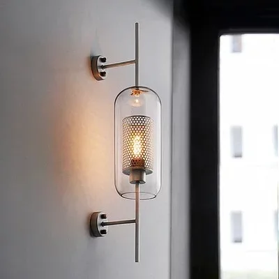 

Industrial Wind Grid Living Room Wall Lamp American Simple Bedroom Dining Room Study Lamp Loft Retro Glass Wall Lamp