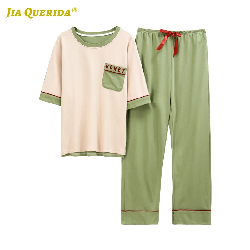 Женская пижама с короткими рукавами длинными брюками и передним карманом |