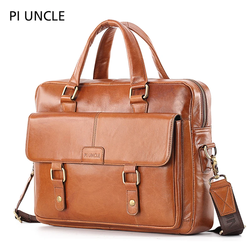 Бренд Piuncle, мужской портфель из натуральной кожи, сумка для ноутбука, мужская деловая сумка из воловьей кожи, мужская дорожная сумка через плечо, коричневая кожа - Цвет: Yellow brown