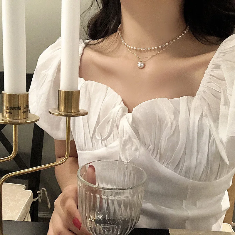 

2021 Fashion Imitation Pearl Short Necklace Cute Double Pendant Necklace Women's Retro Golden Necklace Jewelry Girl Gift