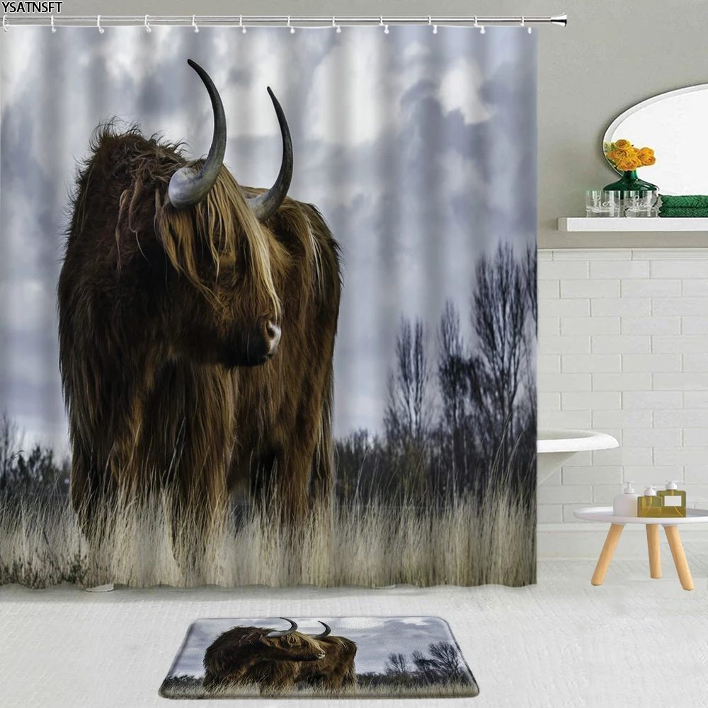 

2Pcs Wildlife Highland Cattle Shower Curtain Farm Animals Cow Fabric Non-Slip Bath Mat Decor Bathroom Curtains Set 3D Printing