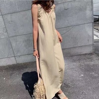 neswest women round neck sleeveless belt pocket solid color cotton and linen series casual loose long skirt summer long dresses