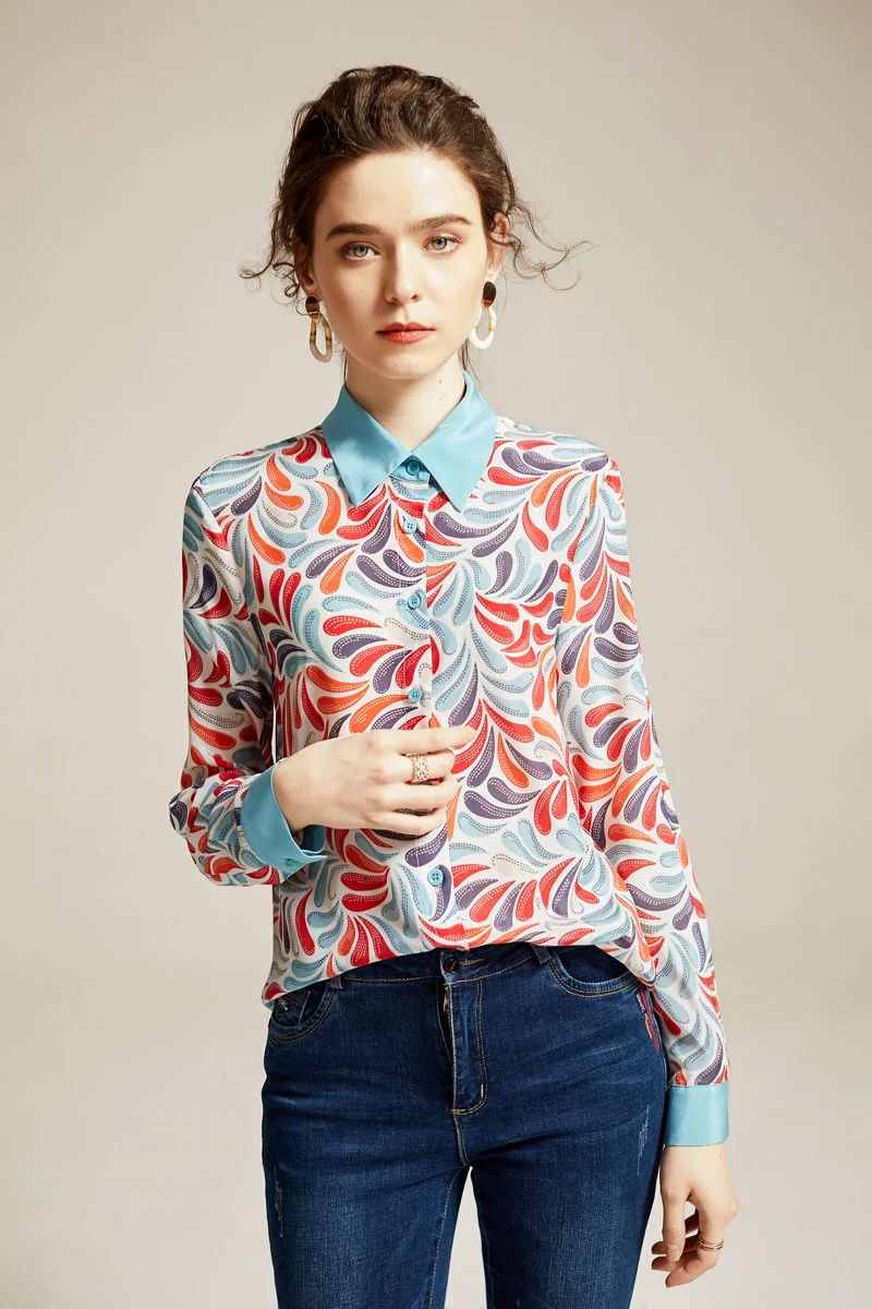 100% натуральный шелк женские Подиумные рубашки отложной воротник длинные рукава