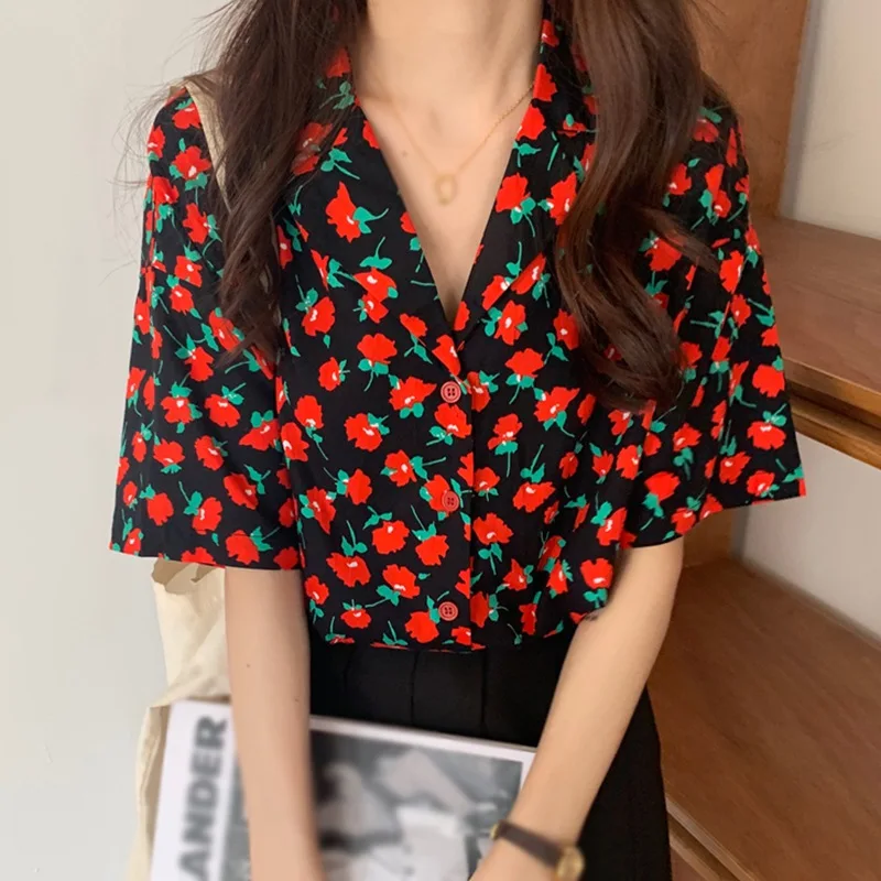 

Женская блузка с цветочным принтом, летняя повседневная Свободная рубашка, женская шифоновая блузка с коротким рукавом