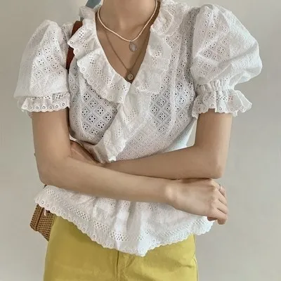 Женская кружевная блузка RUGOD белая с оборками из 100% хлопка в Корейском стиле 2019 |