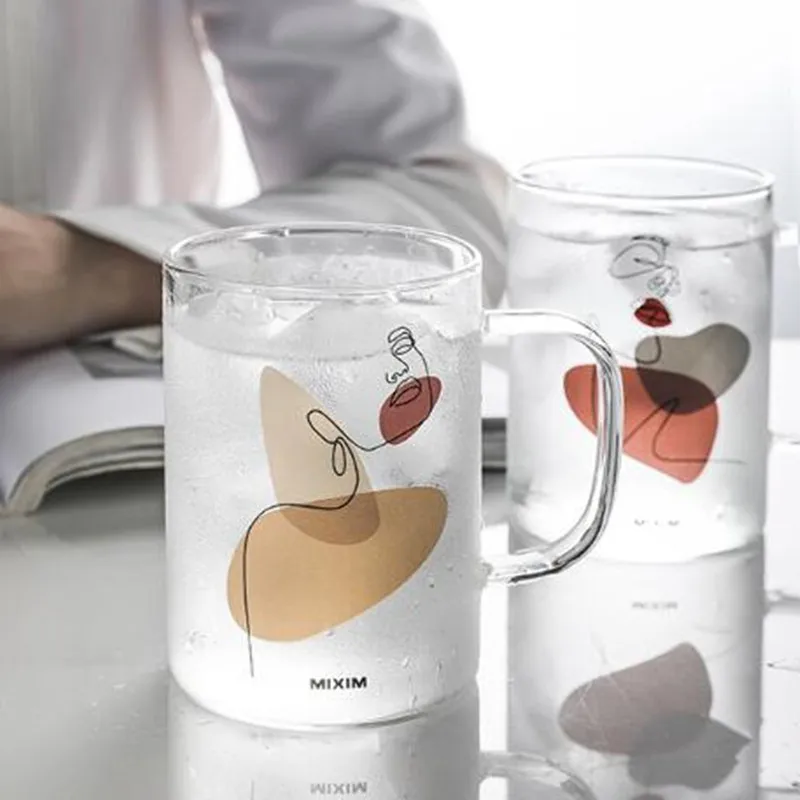 

450ML Large Capacity Human Face Pattern Glass Cup With Handle Coffee Breakfast Milk Beer Mug Tea Cups Gift For Lovers Friends