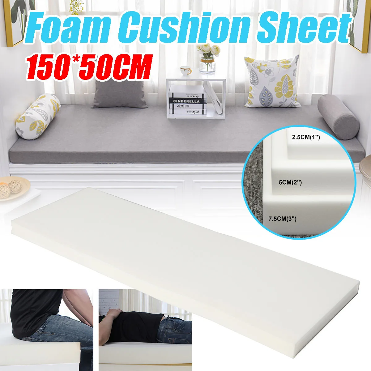 

3 Size High Density Seat Cushion Foam Rubber Replacement Polyurethane Upholstery Cushion Pad White Firm Foam Sheet Cushion Pads