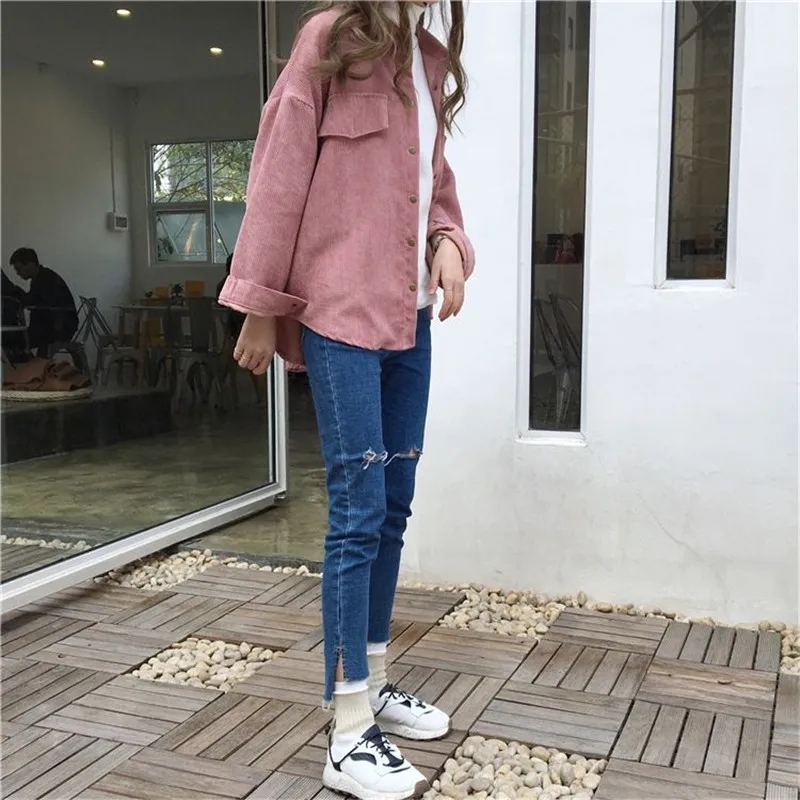 

Long Sleeve Corduroy Shirts Womens Tops And Blouses 2020 Autumn Solid Color Loose Elegant High Quality Winter Outwear Coats