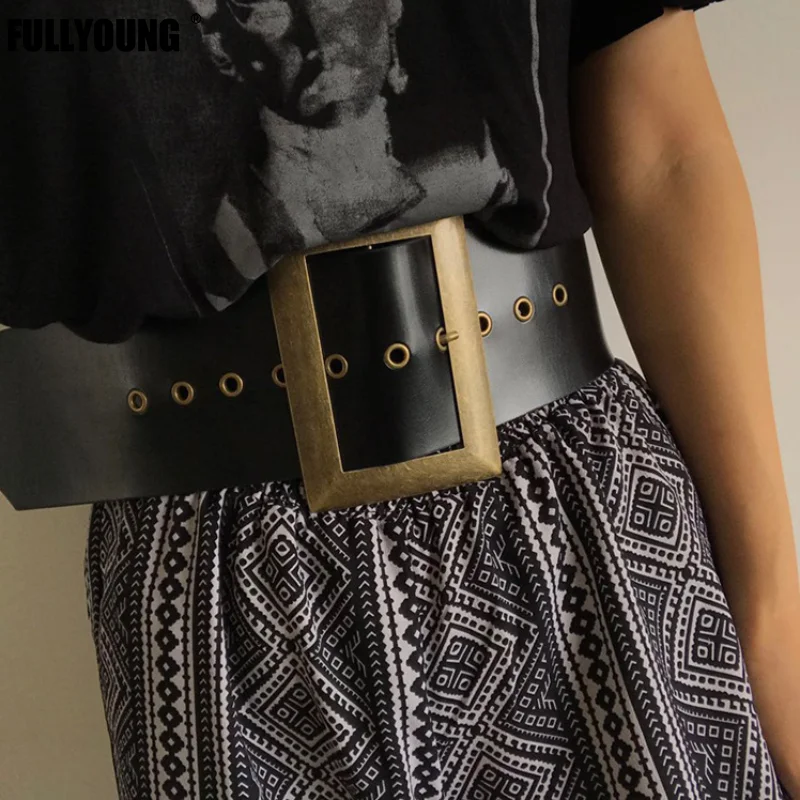 

New Fashion Metal Big Buckle PU Leather Exceed Width Belt Rivet Air Eye Belt Black Personality Women Trendy All-match 2021