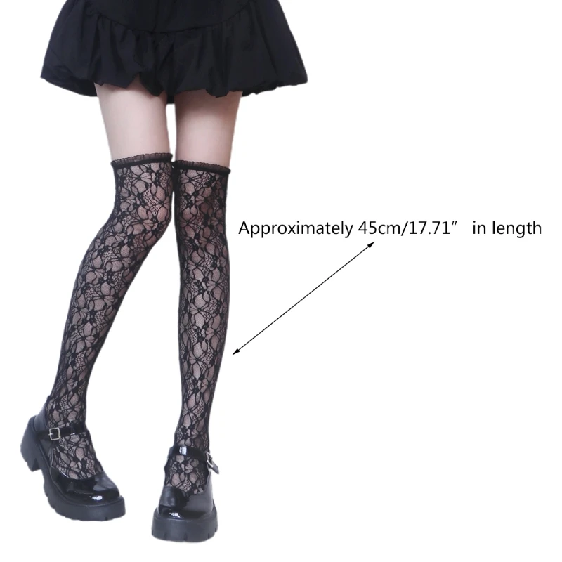 

Lolita Women Student Sweet Lace Thigh High Stockings Kawaii Ruffles Floral Jacquard Patterned Fishnet Over The Knee Long