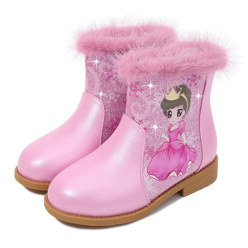 

NEW 2020 Girls Boots Plush Warm Kids Princess Shoes Fashion Sequins Pink Blue Winter Baby Snow Boots For Children Cotton Boots