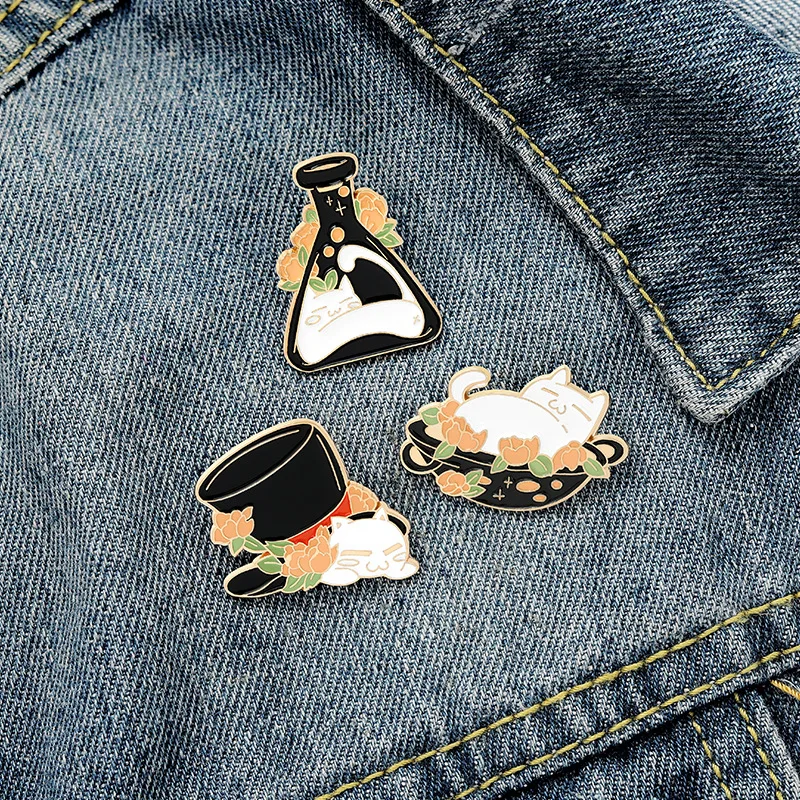 

Retro Potion Bottle Flower Cat Enamel Pin Kitten Brooch Under Black Hat White Cat Bowl Sleeping Brooch White Cat Brooch