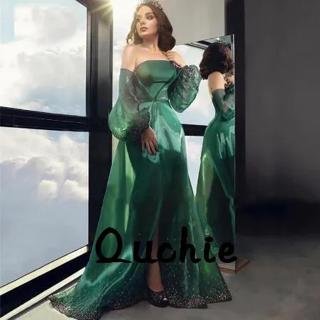 

Emerald Green Organza Evening Dresses Off the Shoulder Gold Lace robe soiree Islamic Dubai Kaftan Saudi Arabic Prom Gown