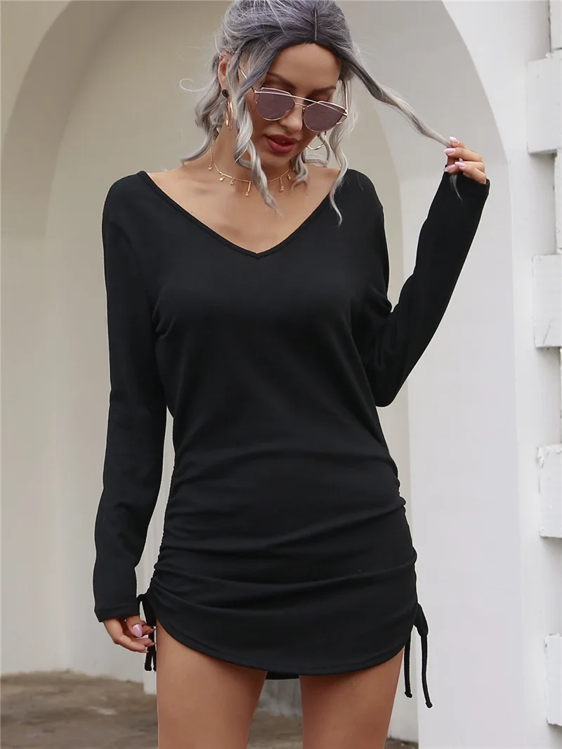 

2022 Spring Sexy Women's Dress Black Long Sleeve V-neck Drawstring Shorts Dresses Female New Solid Casual Fashion Clothes Ladies