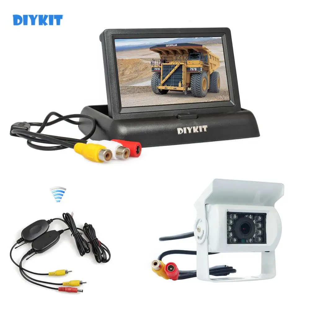 

DIYKIT Wireless 4.3inch Foldable Rear View Monitor Car Monitor Waterproof CCD Reverse IR Night Vision Bus Truck Camera White