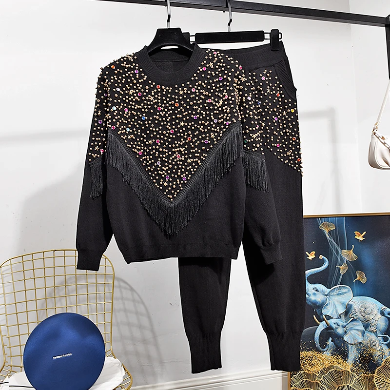 

2021 Autumn Winter Tassel Sweater Set Women Fashion Long Sleeve Knitted Pullover Tops + Pants Two Piece Set Tracksuit Tide H1034