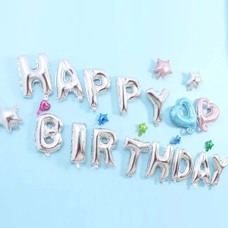 

Happy birthday letter balloon set silver birthday party decoration hotel background layout balloon set wholesale
