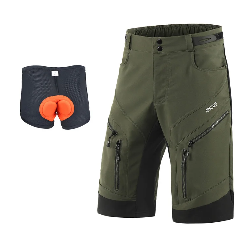 green with pad ARSUXEO велосипеды мужские велосипедные шорты свободного кроя спортивные MTB шорты для горного велосипеда, для спусков велосипед для триатлона - Цвет: green with pad