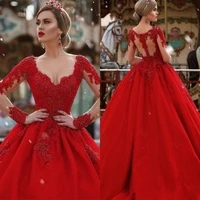 red ball gown long sleeves wedding dresses 2020 plunging v neck lace appliqued arabic dubai formal party wear bridla gowns