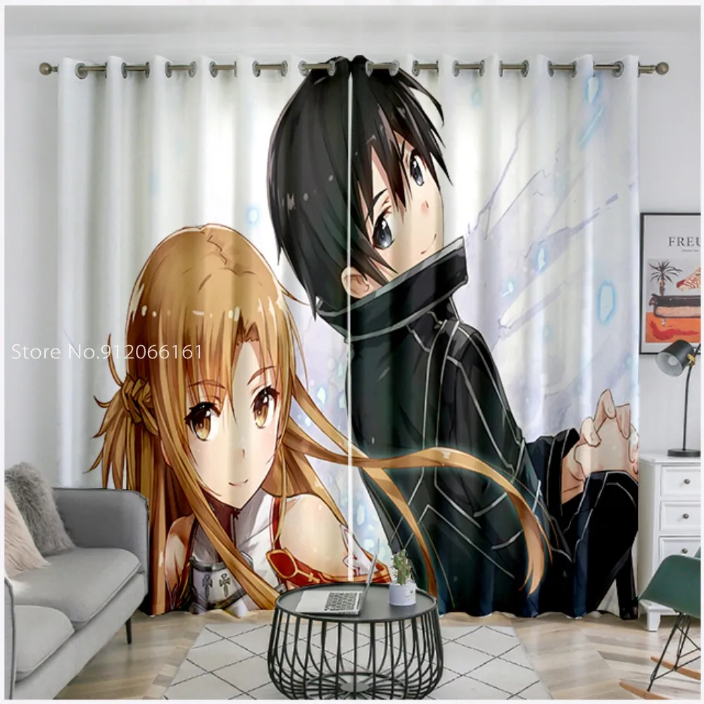 Японские Аниме оконные драпировки 3D печать меч искусство онлайн шторы 2 панели