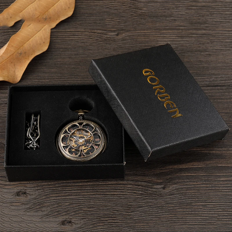 Mechanical Pocket Watch Antique Bronze Skeleton Dial Fob Chain Hollow Out Case Hanging Clock with Gift Box for Men Dropshipping