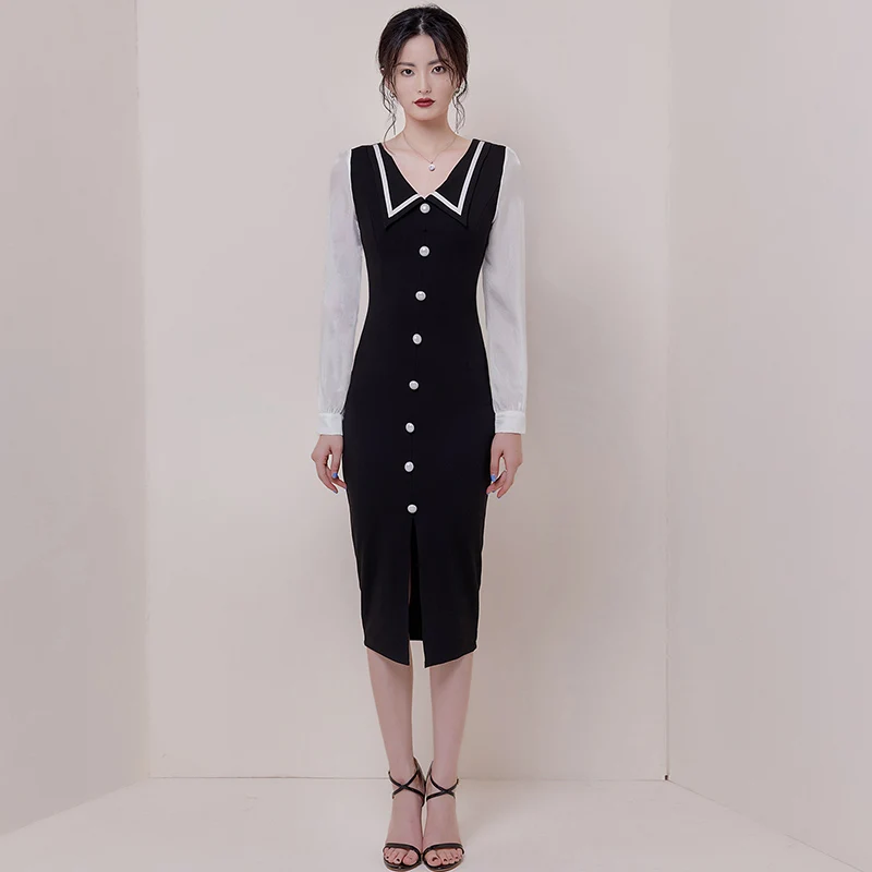 Женское винтажное облегающее платье в морском стиле черное с v-образным вырезом