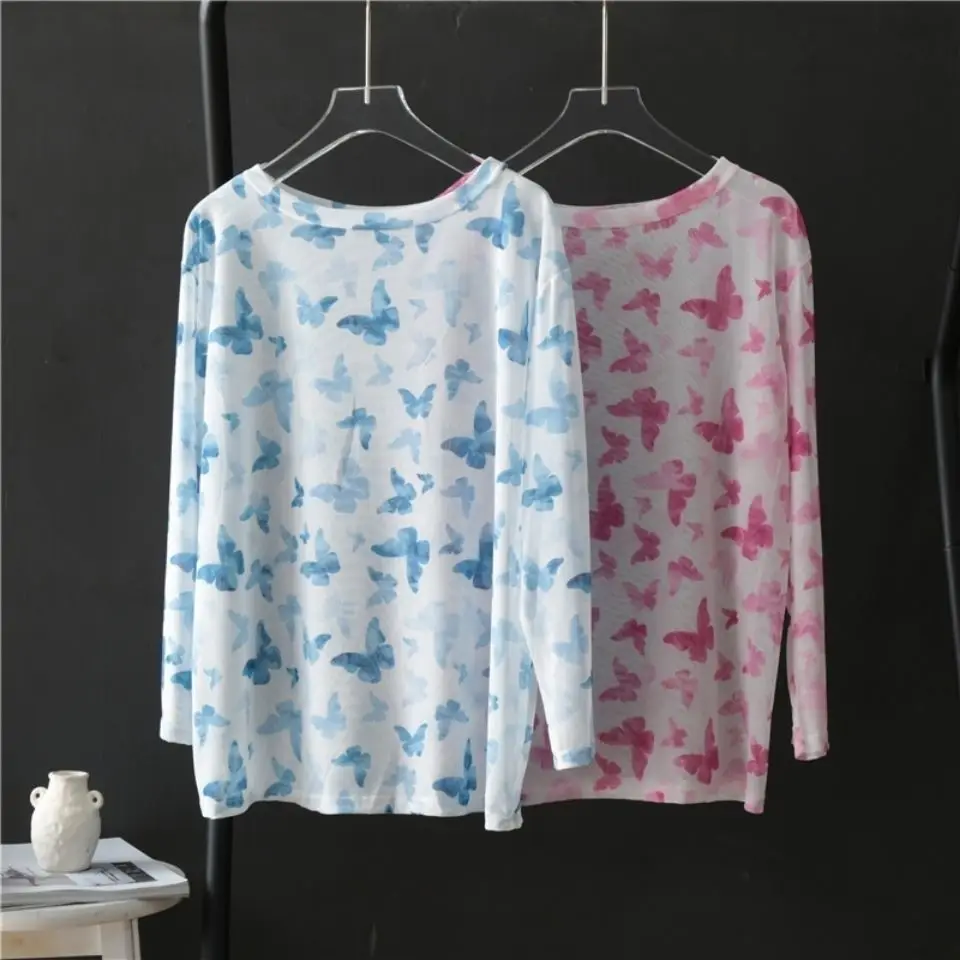 

T-shirts Women Summer Thin Outerwear Female Tops See Through Simple Ulzzang Clothing O-neck All-match Sun-proof Sexy Long Sleeve