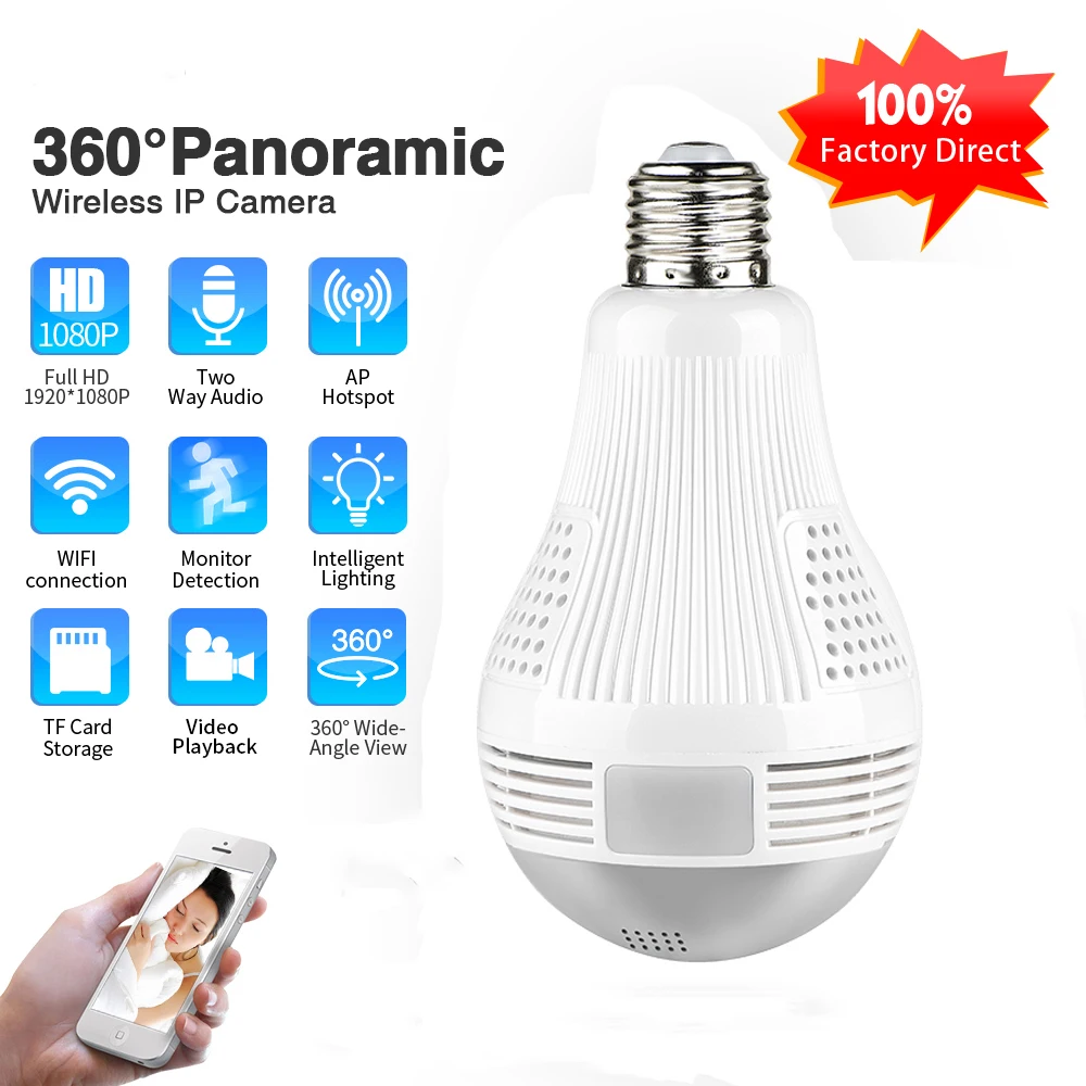 ICSEE HD 360 ° панорамный Wifi 1080P IP Камера светильник лампочка домашней безопасности