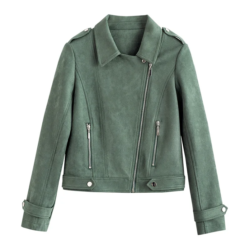 Куртка женская осенне-зимняя кожаная на молнии с отложным воротником | Женская