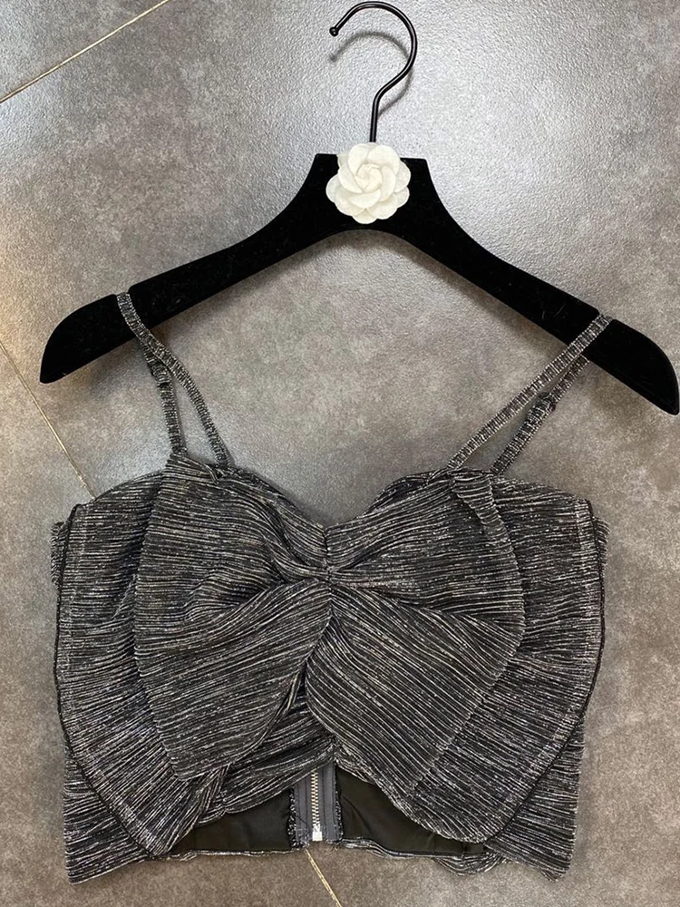 Retro bright silk sexy leaky shoulder pleated zou tube top style suspenders vest ladies summer new fashion all-match short top
