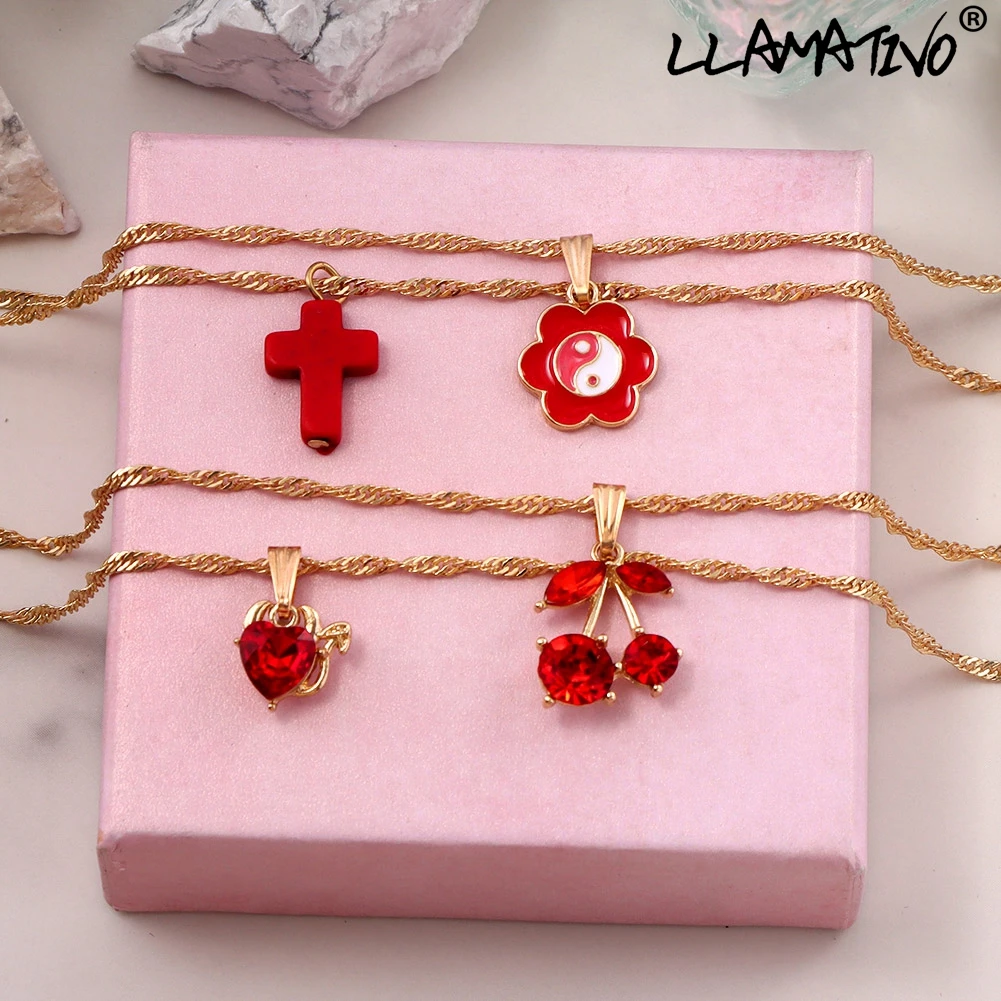 

Fashion Multilayer Red Heart Cross Choker Necklace For Women Shiny Crystal Cherry Yin Yang Flower Necklaces Charm Jewelry Gift